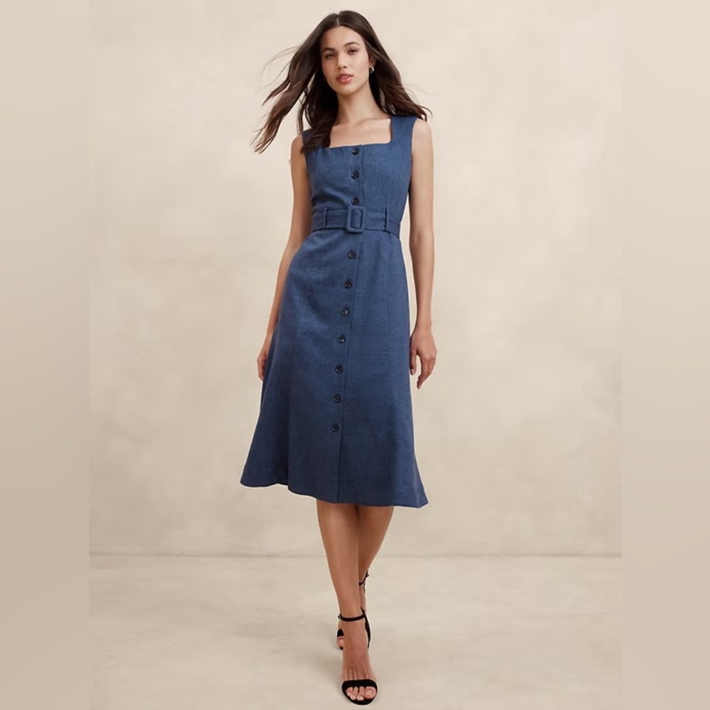 Banana Republic Factory Linen Blend Button Midi Dress Herringbone Cross Blue